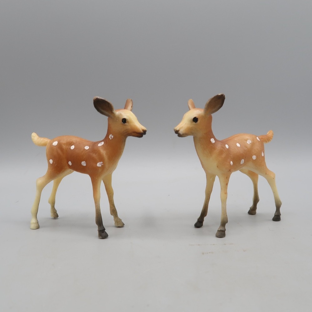 2 MCM 60's Vintage Hard Plastic Baby Deer Fawn Hong Kong Christmas Figures